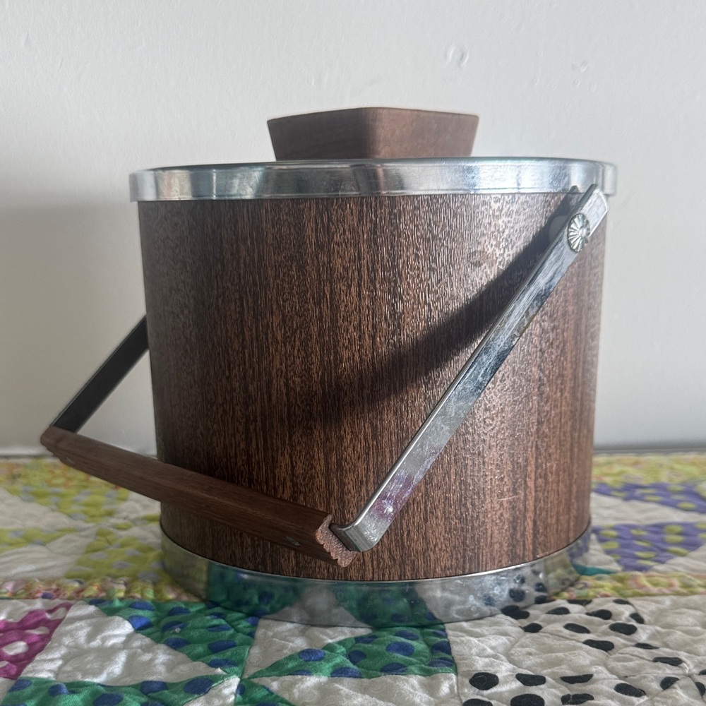 VINTAGE 60s/70s Mid Century KROMEX Walnut & Chrome Steel Ice Bucket, Butter Dish